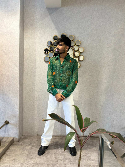 Green Bandhej Chiffon Shirt - 350 - AA0490