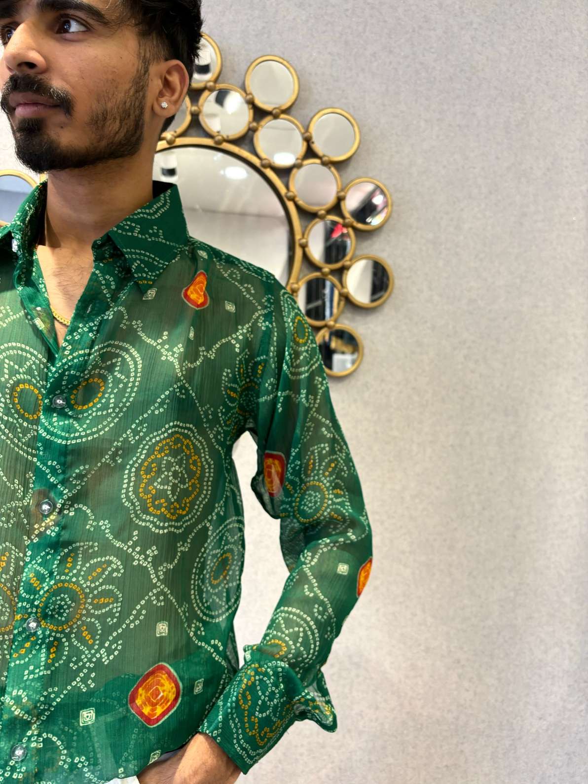 Green Bandhej Chiffon Shirt - 350 - AA0490