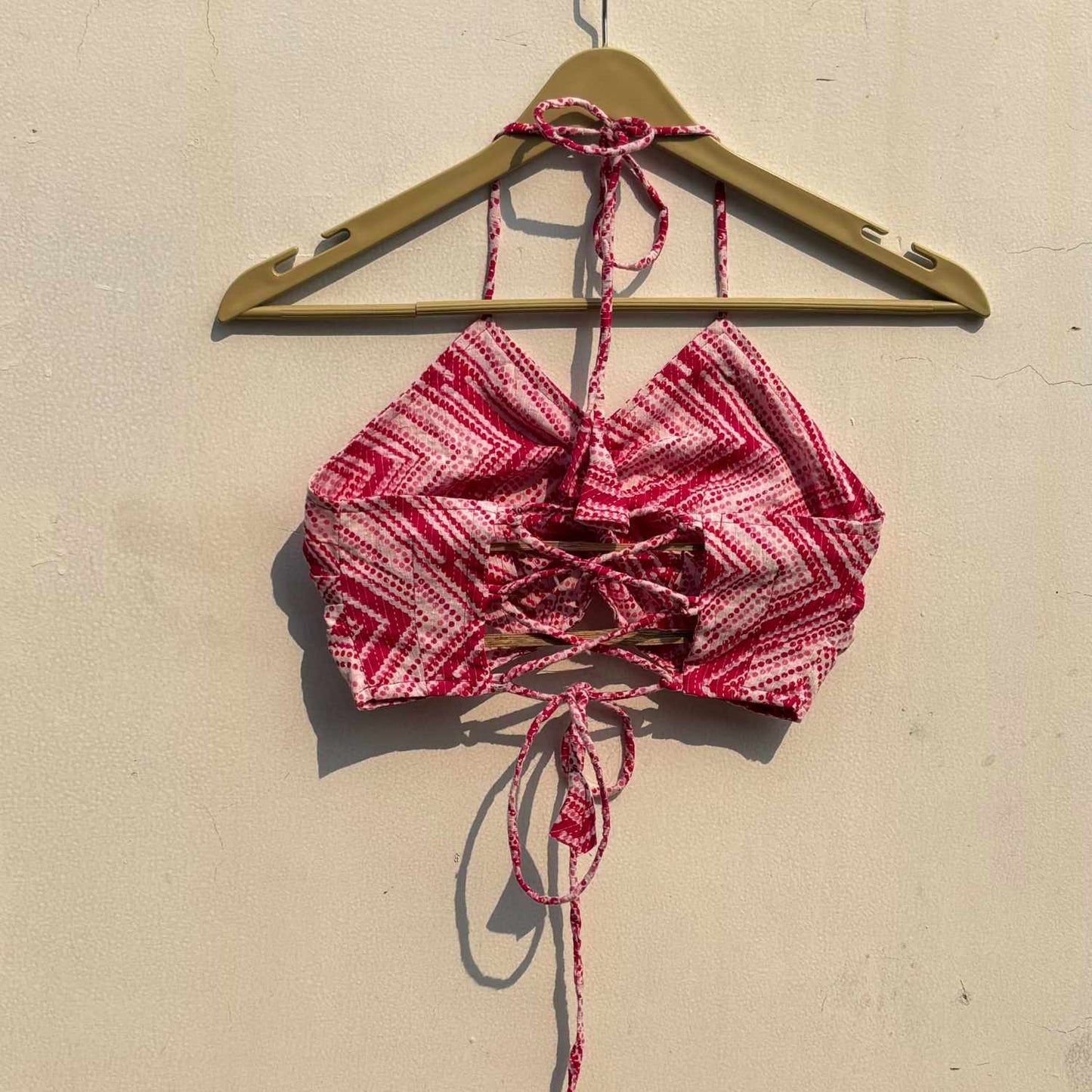 Pink White Zig Zag Criss Cross Katha Cotton Removable Pad Top - KJ0811