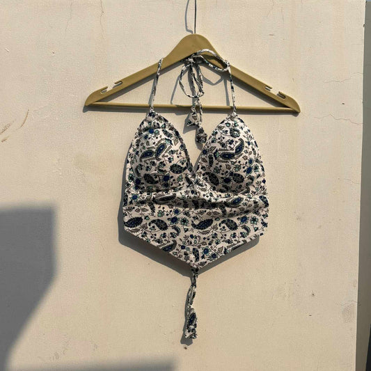 White Paisley Camel Cotton Removable Pad Bralette Top - KJ0815