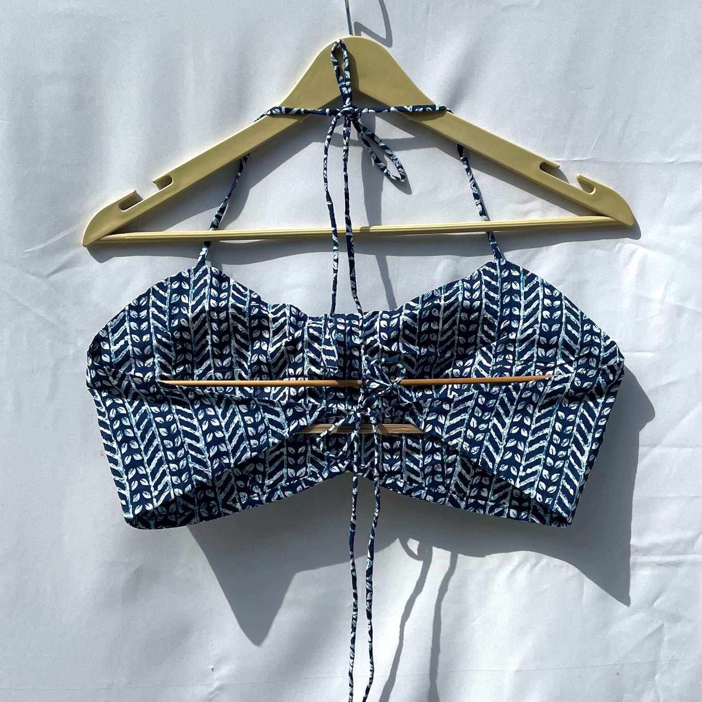 Blue Leaf Halter Neck Back Knot Cotton Crop Top - KJ0146