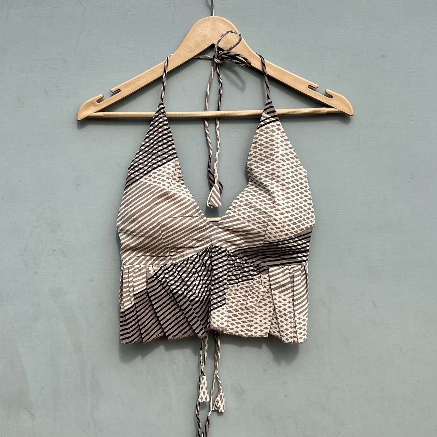 Black Grey Stripe Frill Cotton Bralette  - KJ0439
