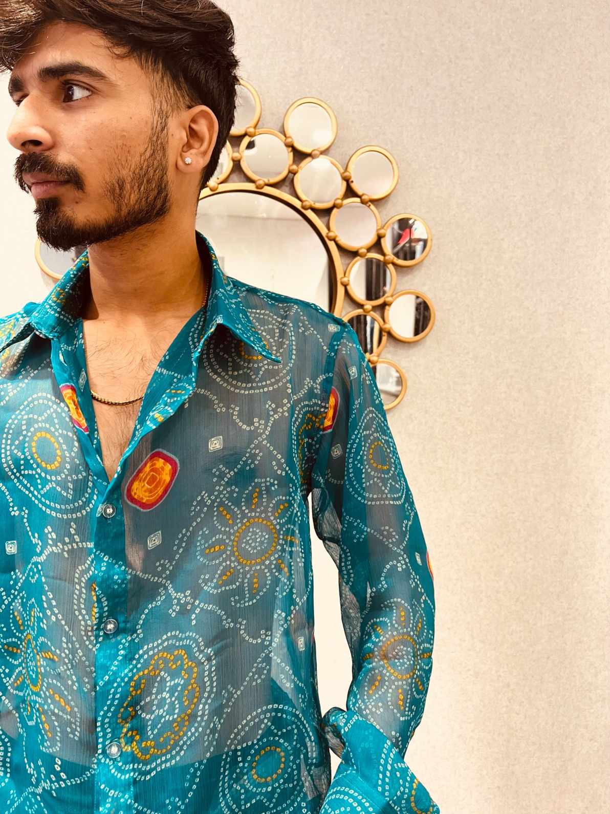 Turquoise Bandhej Chiffon Shirt - 350 - AA0487