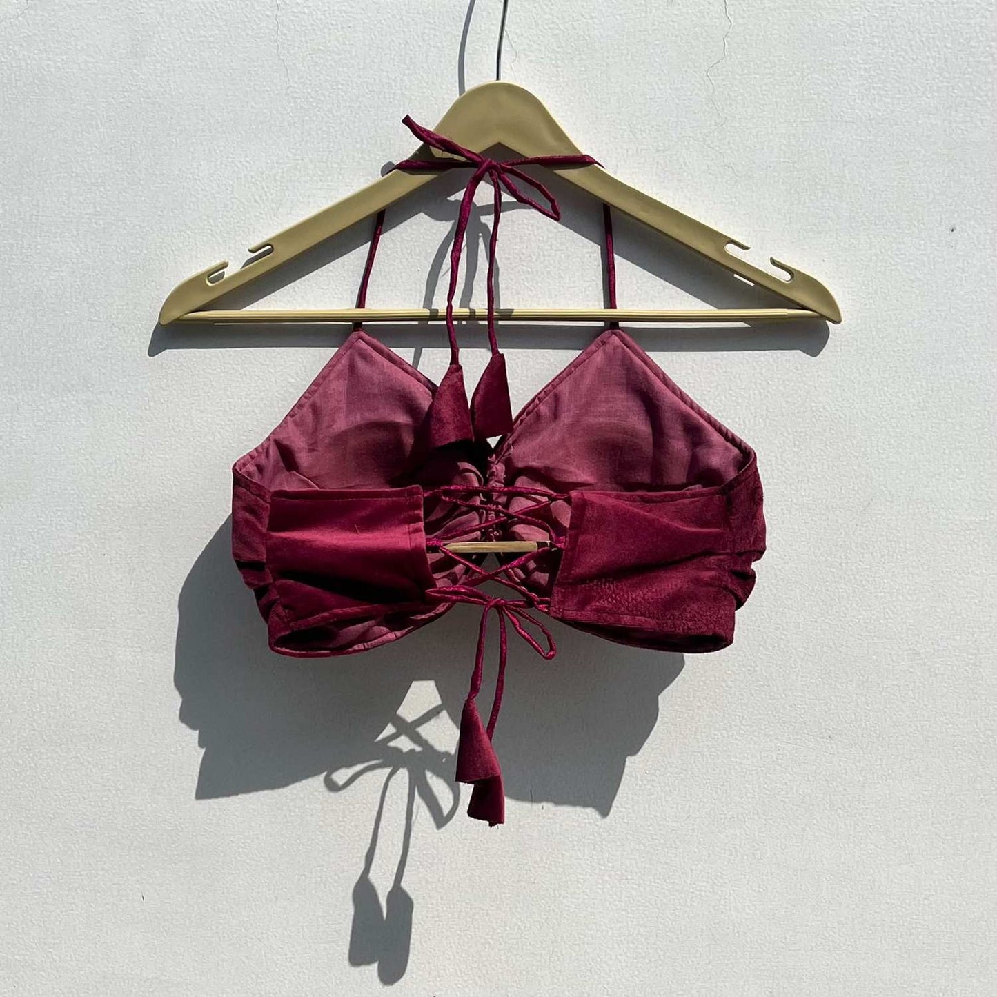 Wine Cotton Velvet Criss Cross Bralette - KJ0511