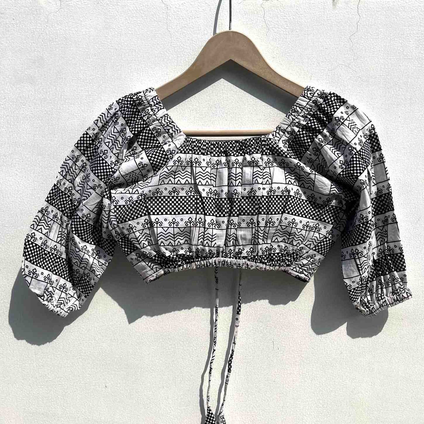 White Black Geometry Front Knot Top- KJ0515 (( Clearance Sale Item ))