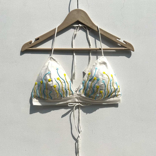 White Blue yellow Tubelight Floral Sequin HandWork Bra - KJ0503