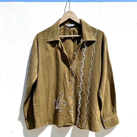 Mitti Green Dobby Hand Embroidery Cotton Shirt - KJ0535
