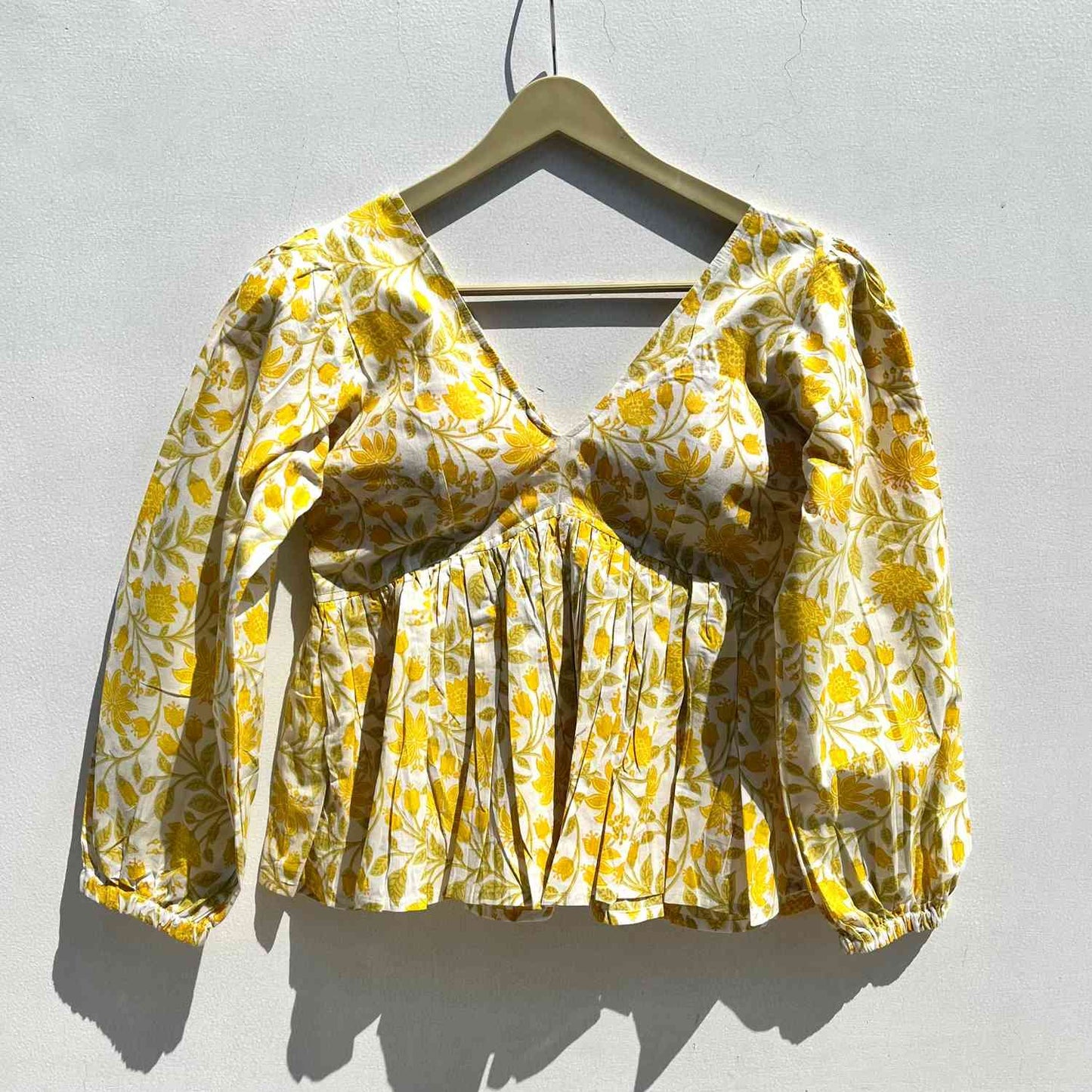 White Yellow Green Floral Deep Neck Full Puff Sleeves Cotton Top - KJ0539 (( Clearance Sale ))