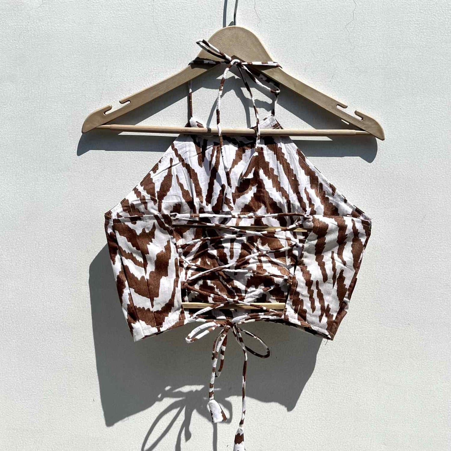 White Brown Abstract Criss Cross Cotton Top - KJ0537