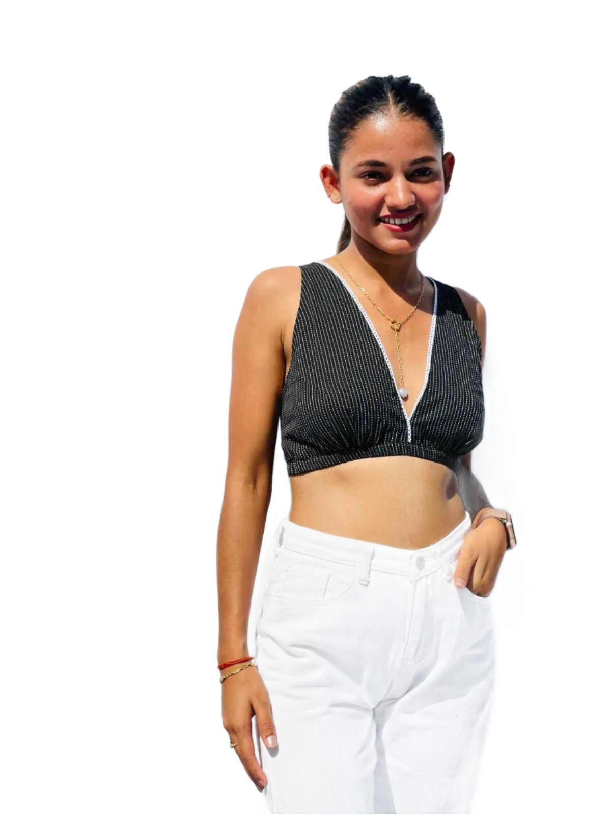 Black Deep V Neck Cotton Kantha Bra- KJ0097