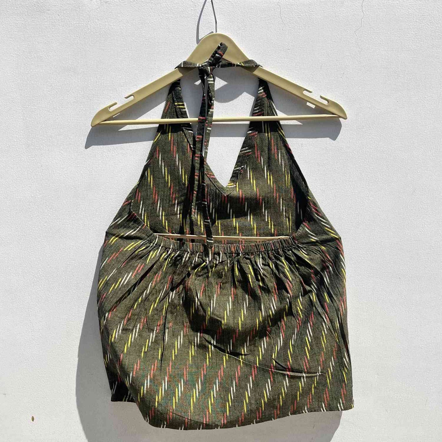 Olive Green Ikat Halter Neck Cotton Top- KJ0570 (( Clearance Sale ))