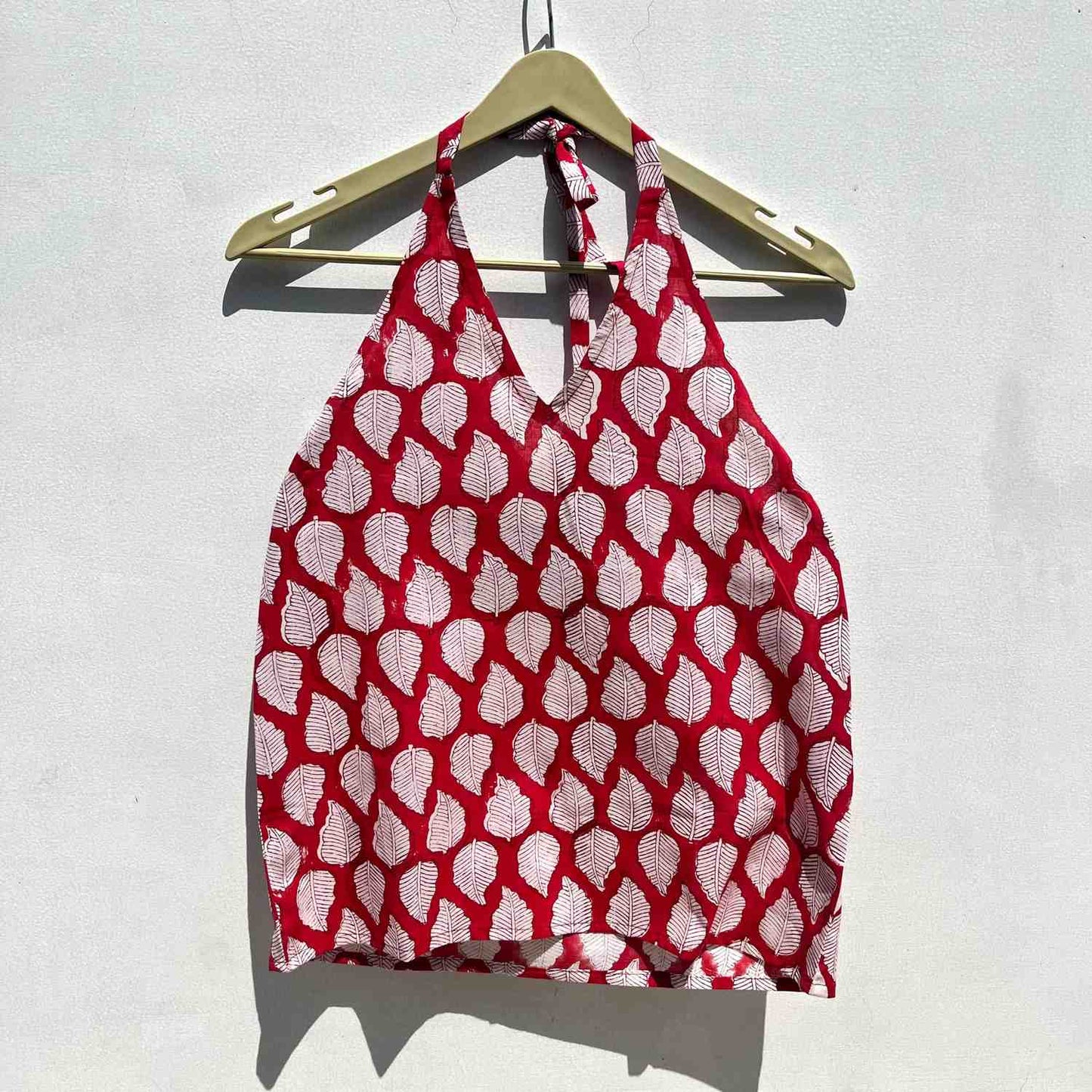 Red Leaf Handblock Halter Neck Cotton Top- KJ0572