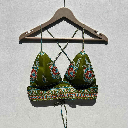 Olive Green Big Floral Print Cotton Bra - KJ0562