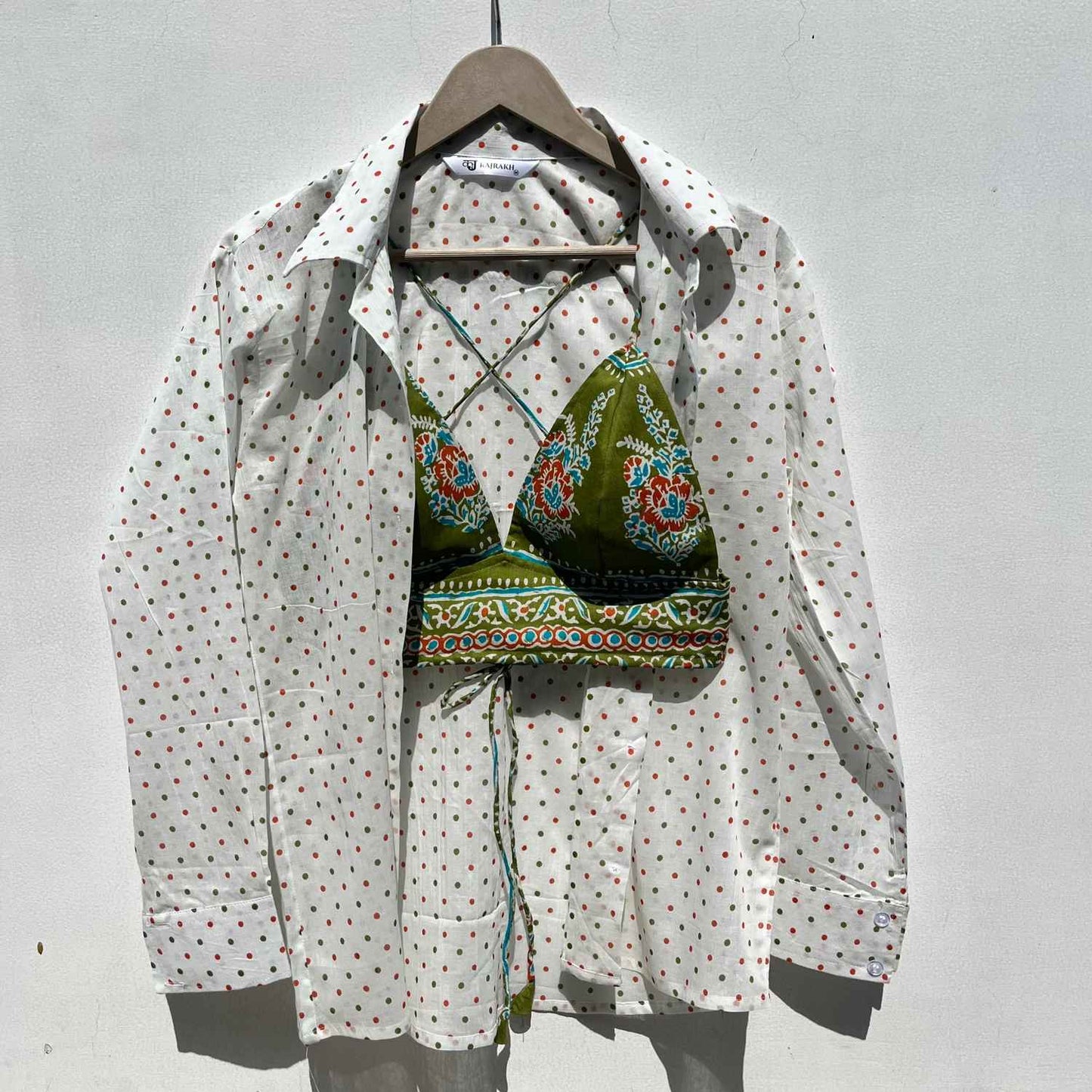 White Polka Mul Shirt & Olive Green Mughal Bra Combo - KJ0576