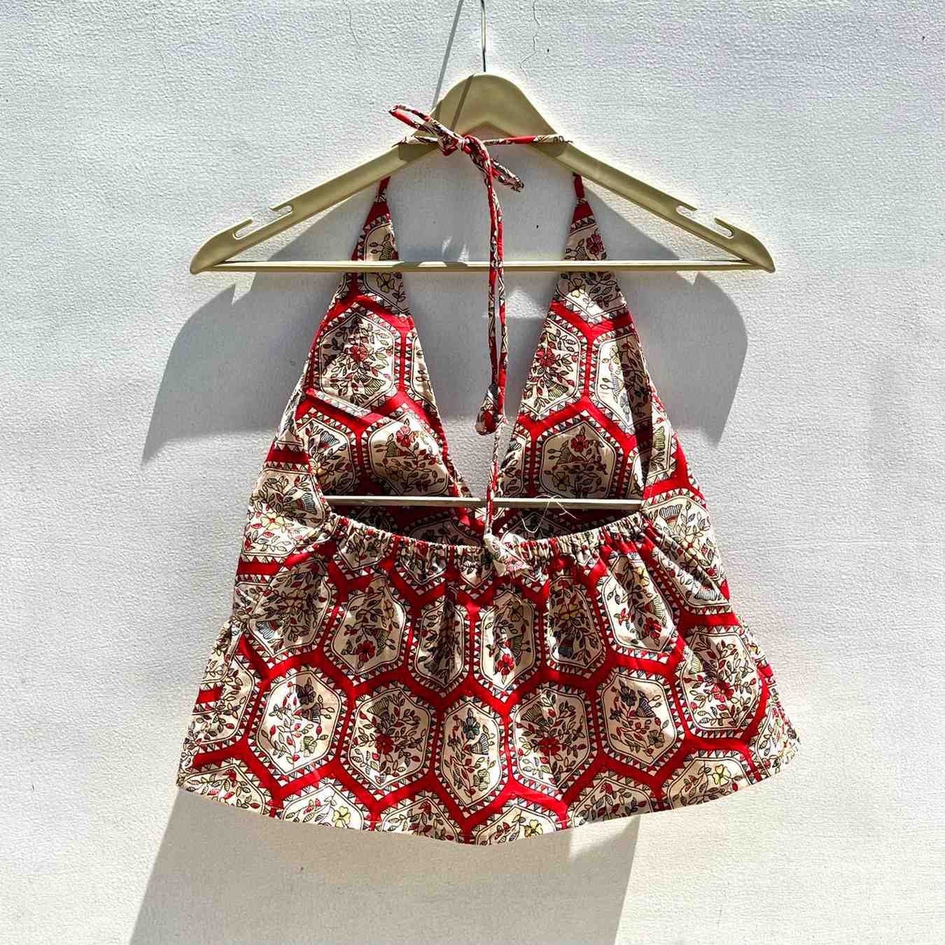 Red Traditional Block Halter Neck Cotton Top