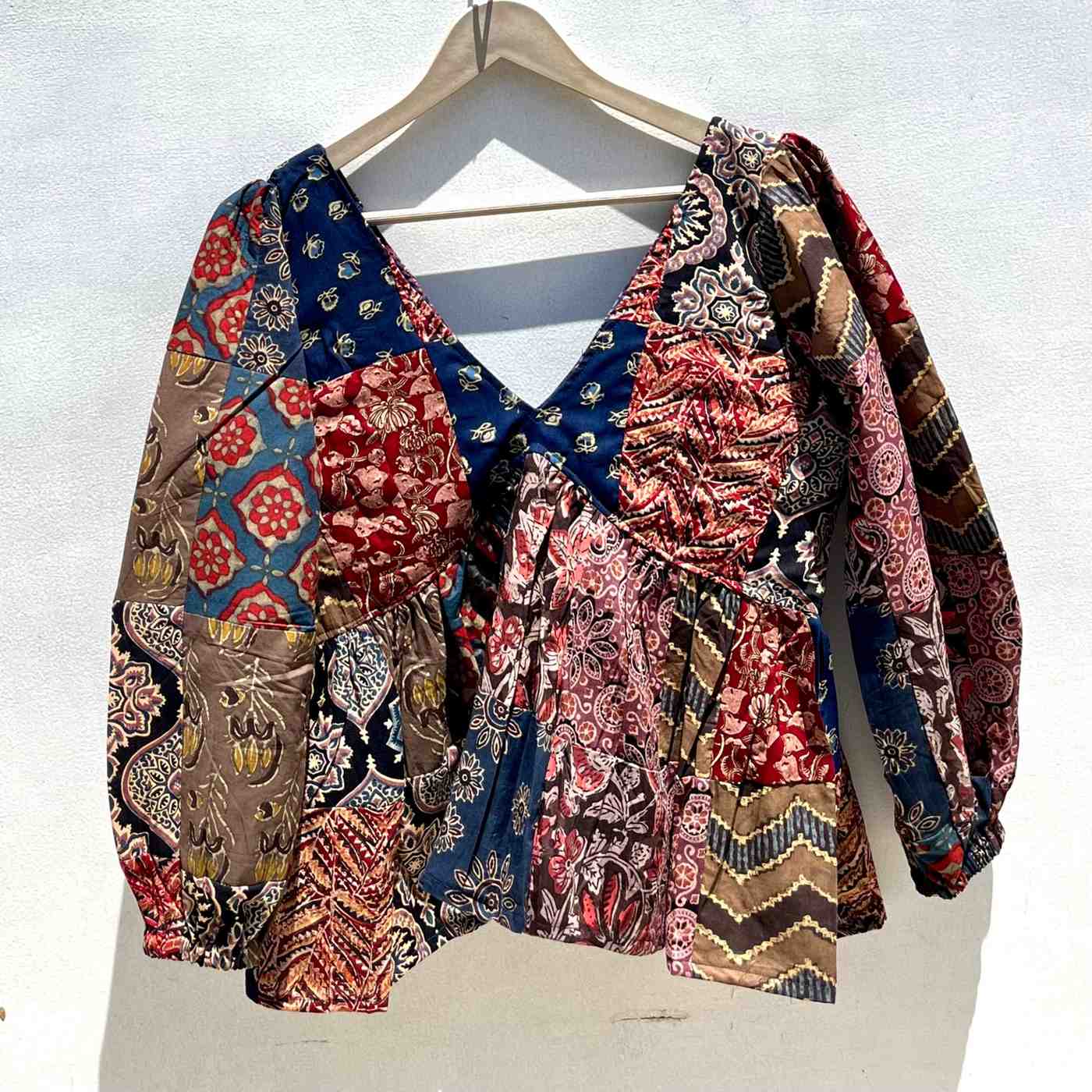 Multicolor and Brown Bagru Patch Deep Neck Full Puff Sleeves Cotton Top