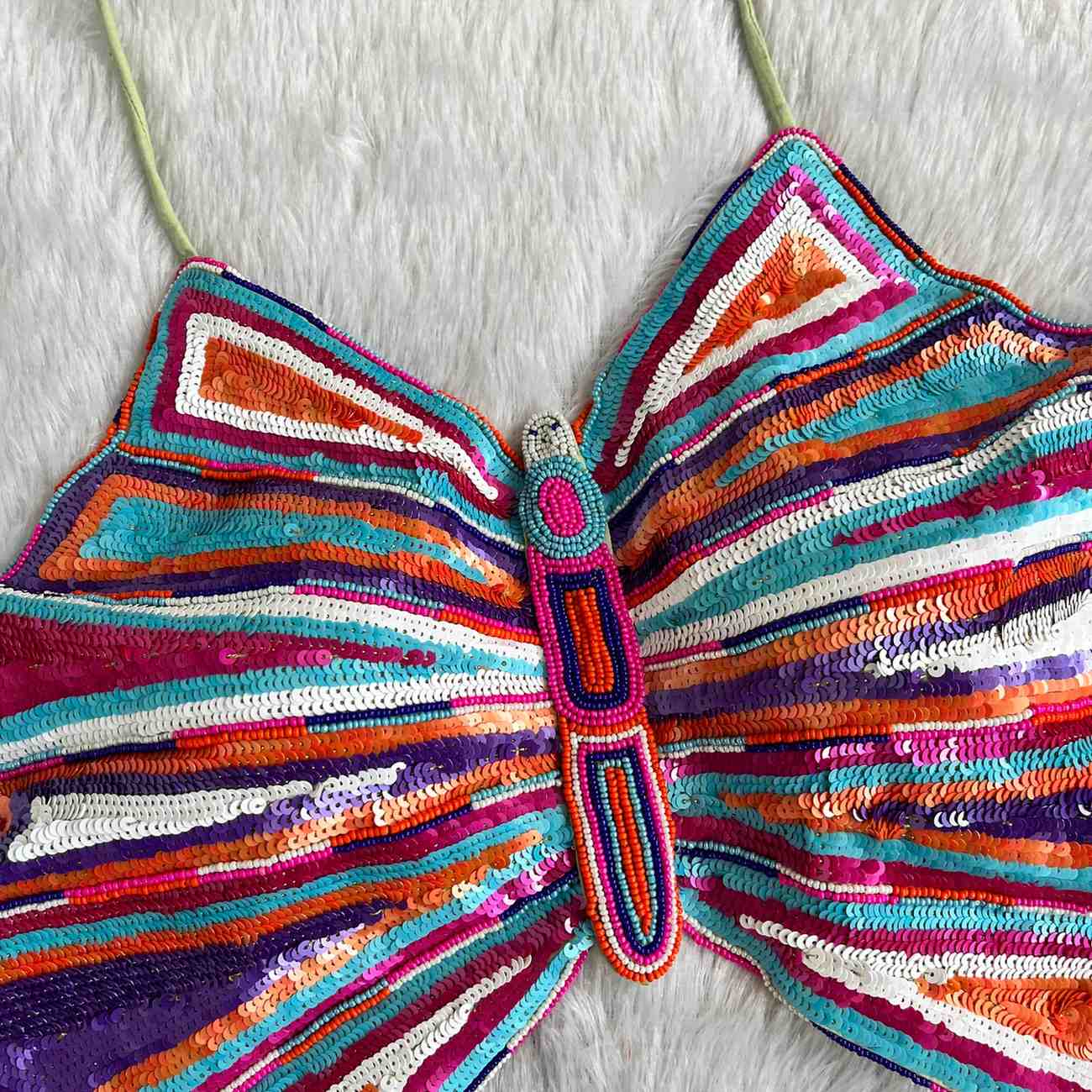 Multicolor Sequin Handwork Butterfly Cotton Top - KJ0628