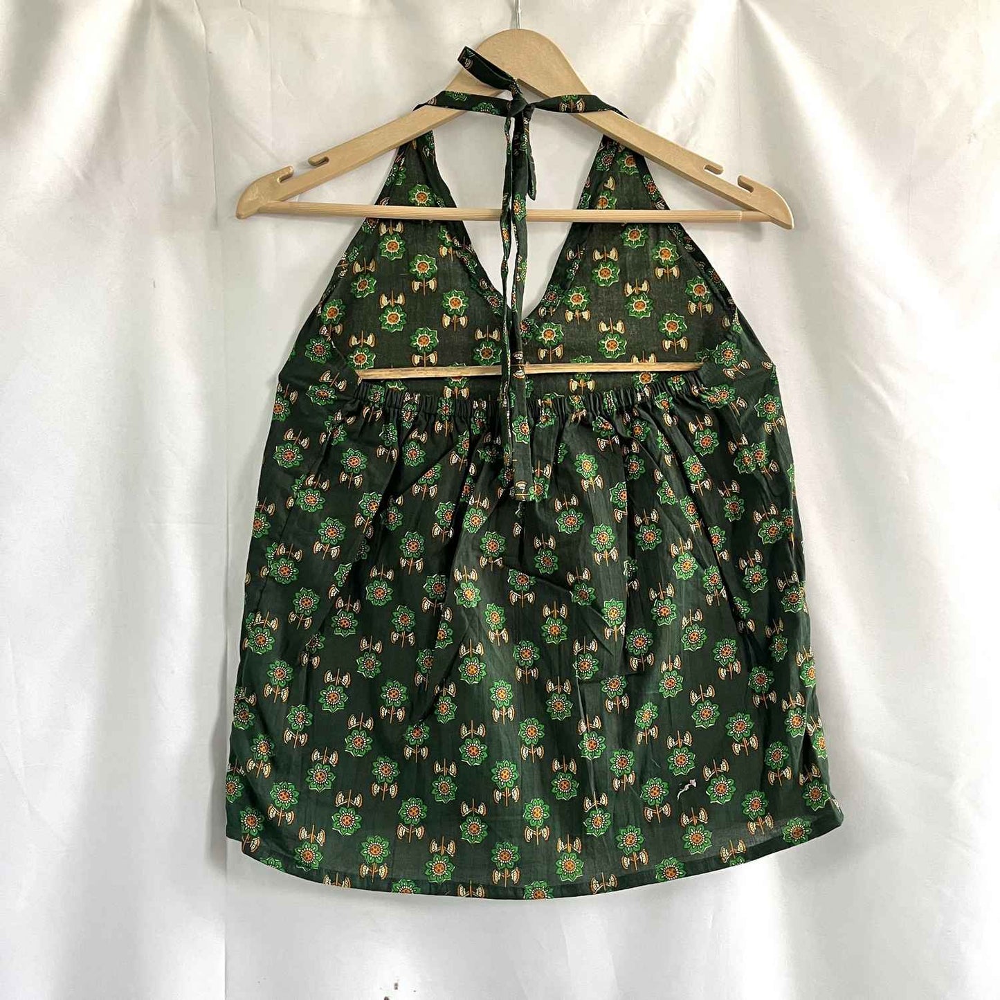 Bottle Green Butti Halter Neck Cotton Top- KJ0654