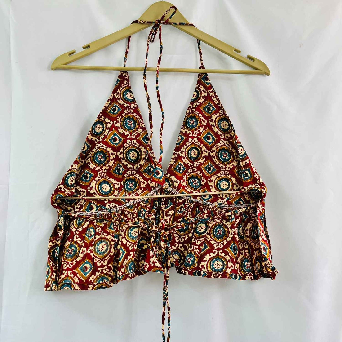 Maroon Kalamkari Halter Neck Back Knot Cotton Top - KJ0661