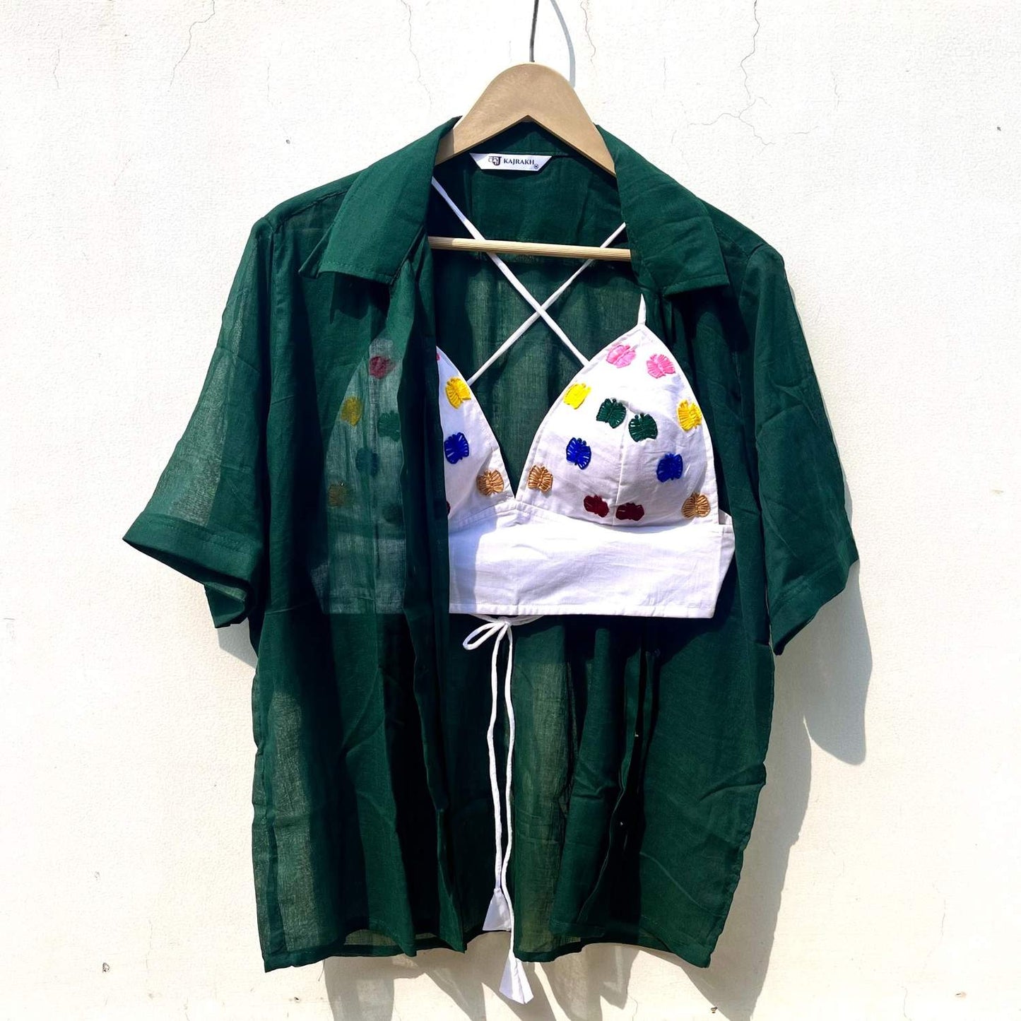 Bottle Green Shirt & Hand Embroidery Bra Combo - KJ0704