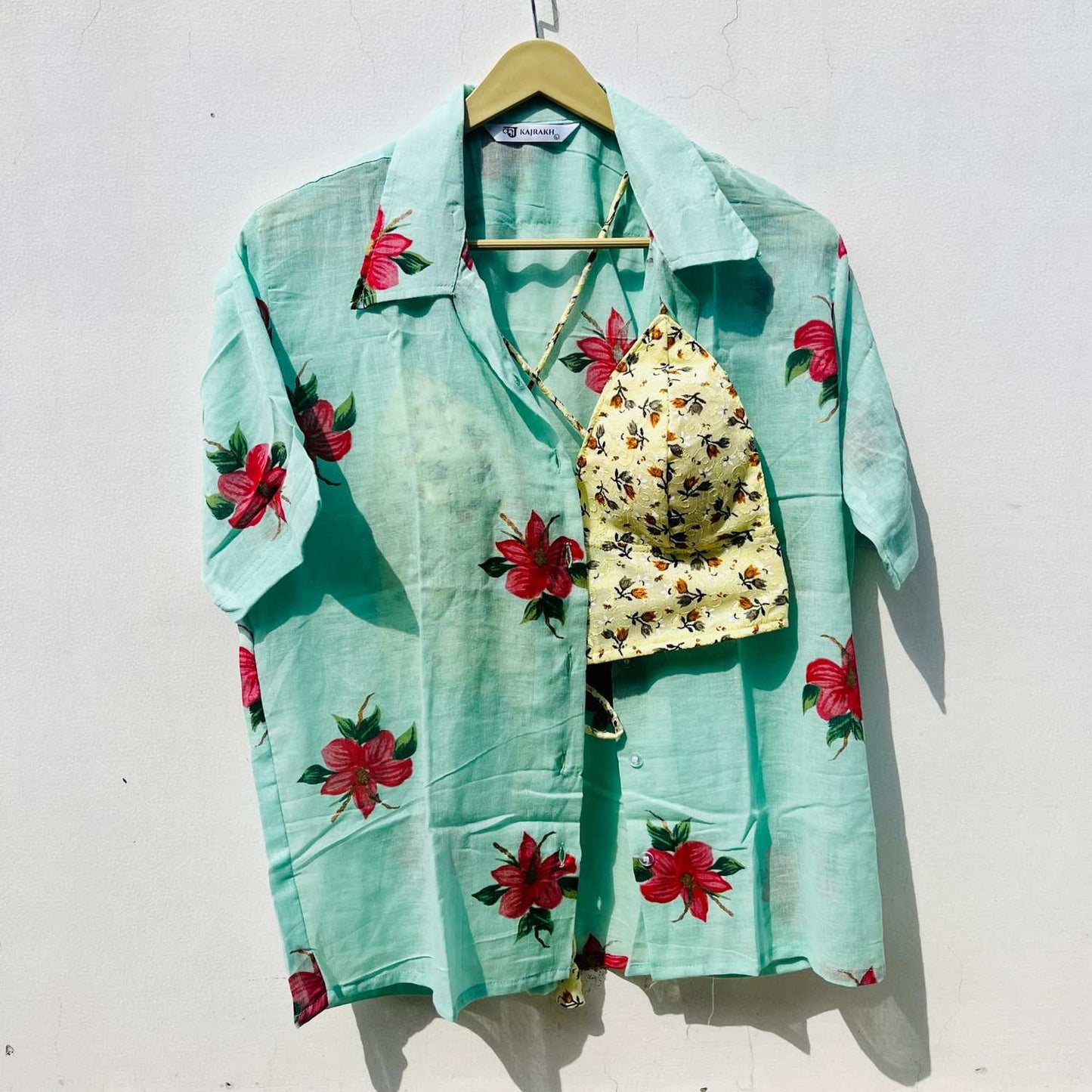 Cyan Blue Hand Painted Mul Shirt & Bra Combo - KJ0699