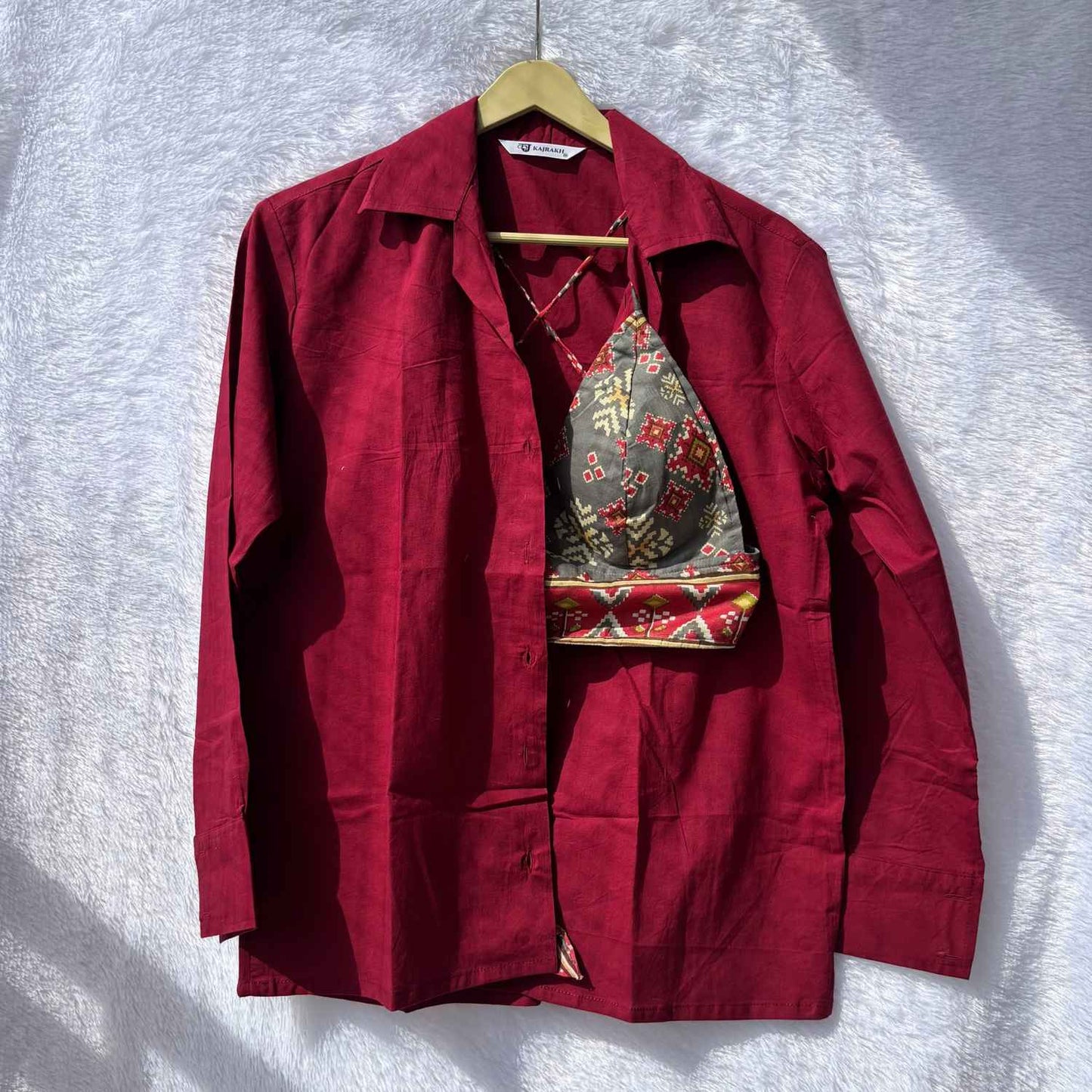 Maroon Plain Cotton Shirt and Grey Geometry Bra Combo - KJ10385