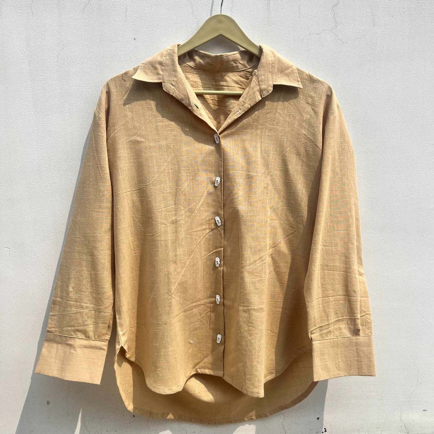 Beige Slub Cotton Flip Flop Women Shirt - KJ0745