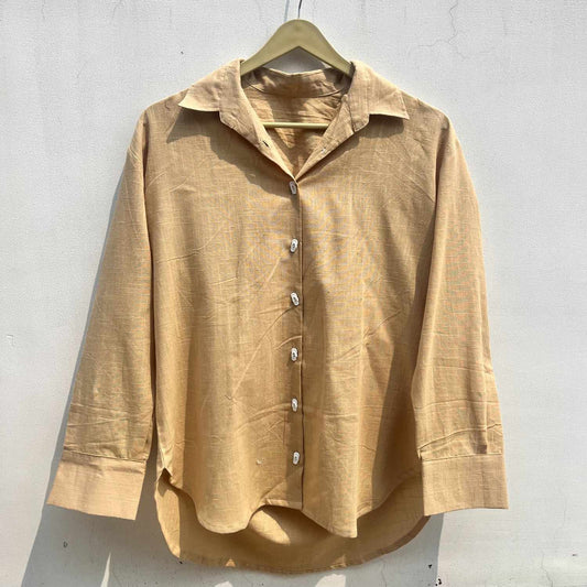 Beige Slub Cotton Flip Flop Women  Shirt - KJ0745