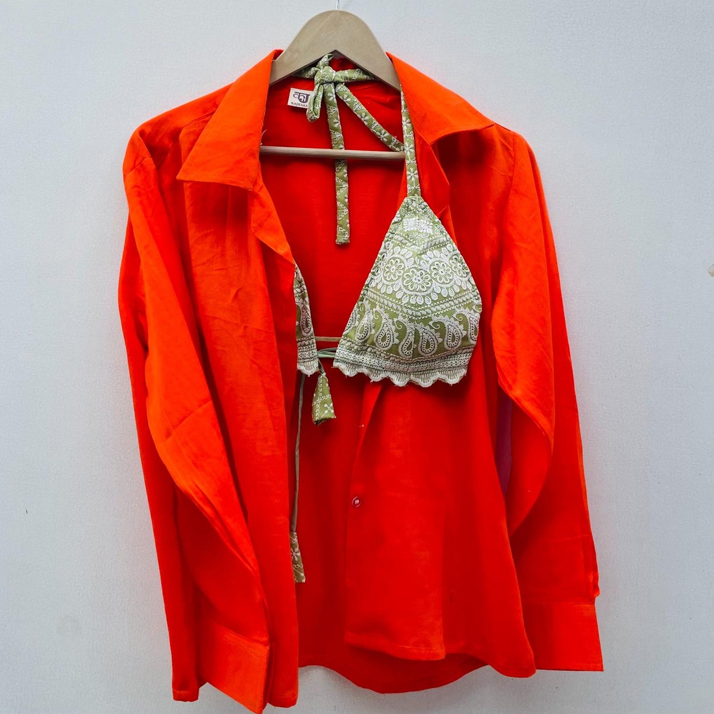 Orange Plain Shirt & Chikan Bra Combo - KJ0357