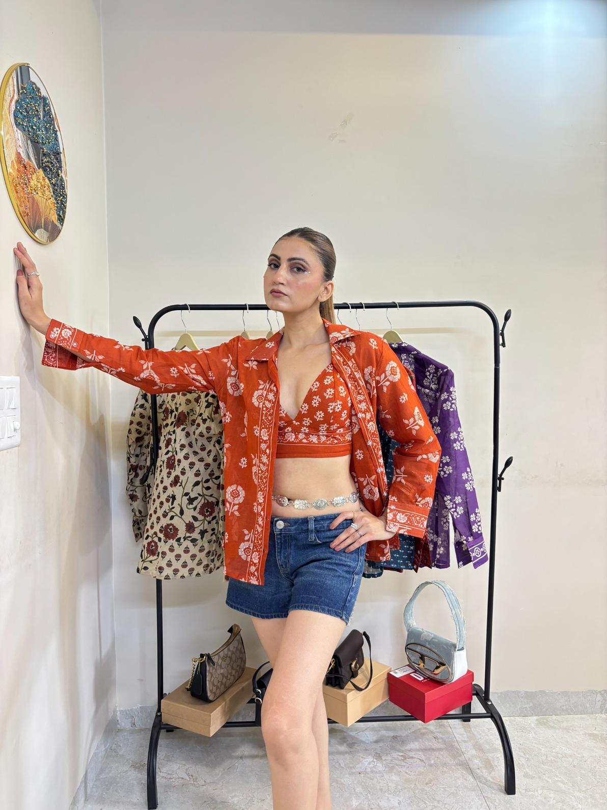 Orange Floral Mul Shirt and Bra Combo - KJ10458