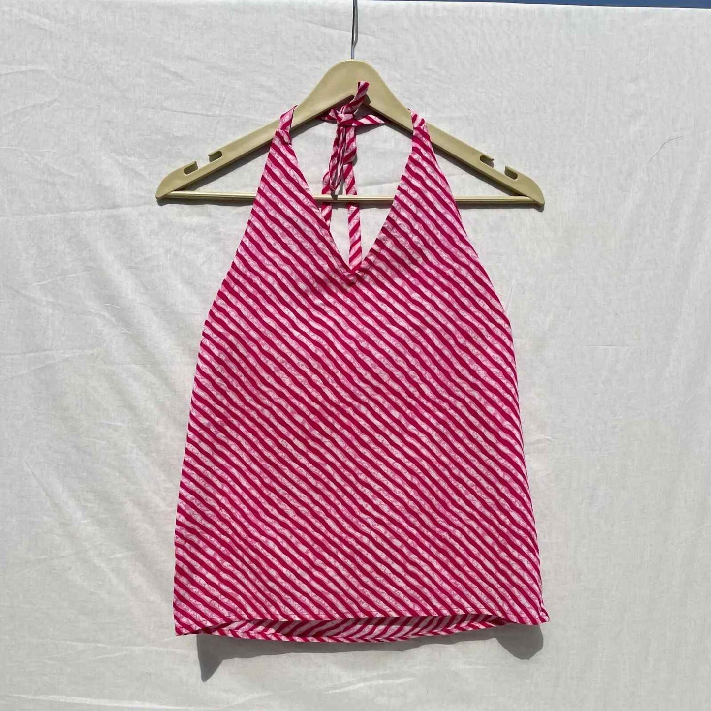 Pink Lehariya Pattern Halter Neck Cotton Top- KJ0042