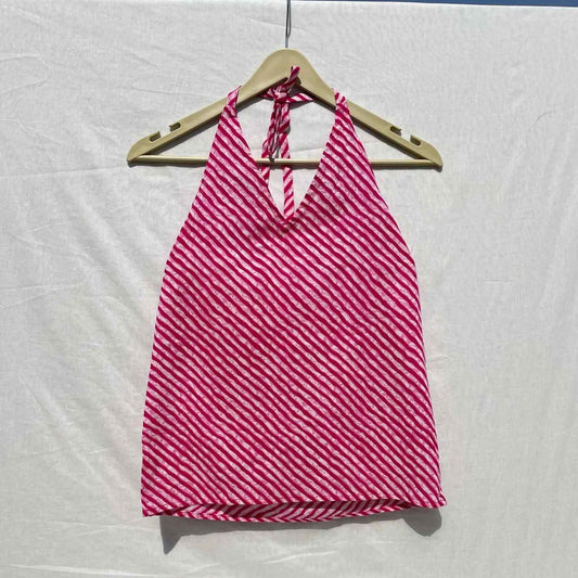Pink Lehariya Pattern Halter Neck Cotton Top- KJ0042