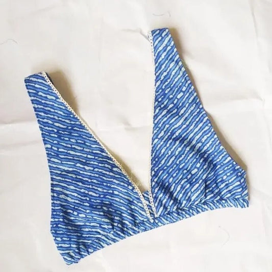 Blue White Lehariya Broad Straps Cotton Bra - KJ0009