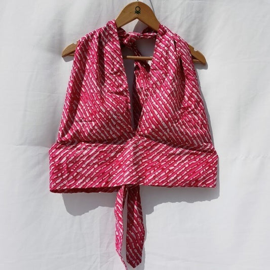 Pink Lehariya Back Knot and Halter Neck Padded Bra Cum Top - KJ0016