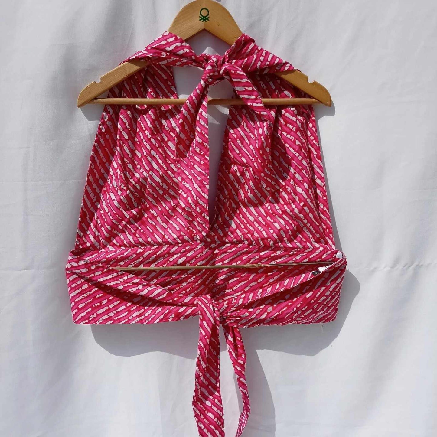 Pink Lehariya Back Knot and Halter Neck Padded Bra Cum Top - KJ0016