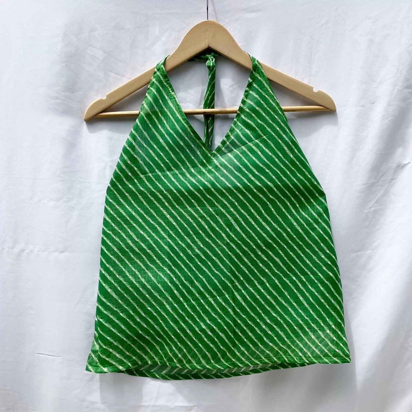 Green Lehariya Halter Neck Kota Doria Top - KJ0021