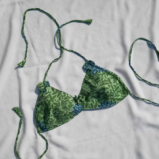 Green Block Print Cotton Bra - KJ0027