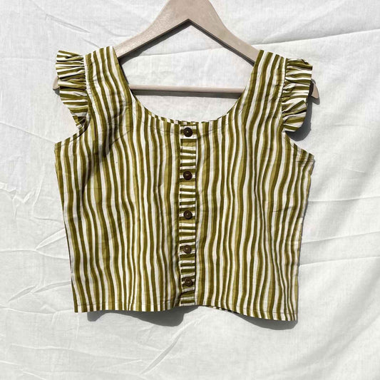 Green Stripe Printed Frill Sleeves Cotton Top- KJ0037