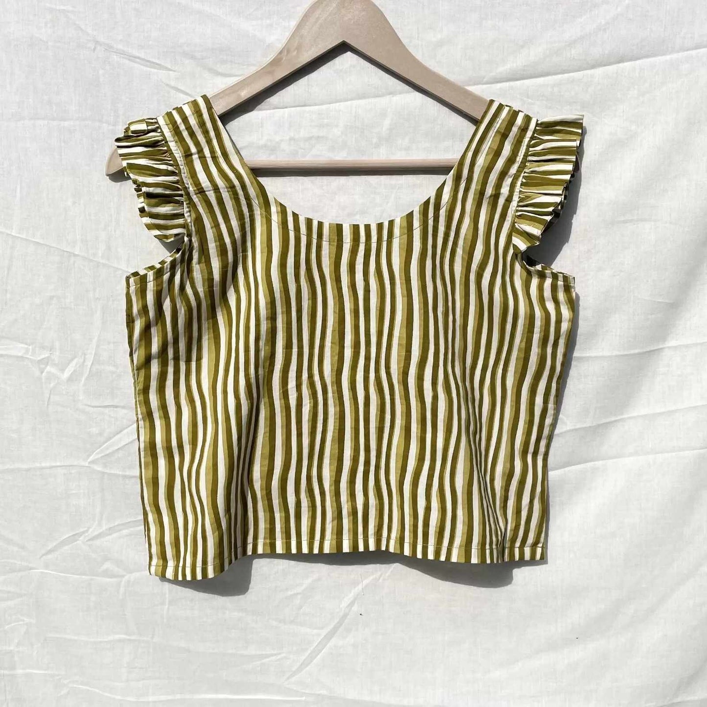 Green Stripe Printed Frill Sleeves Cotton Top- KJ0037