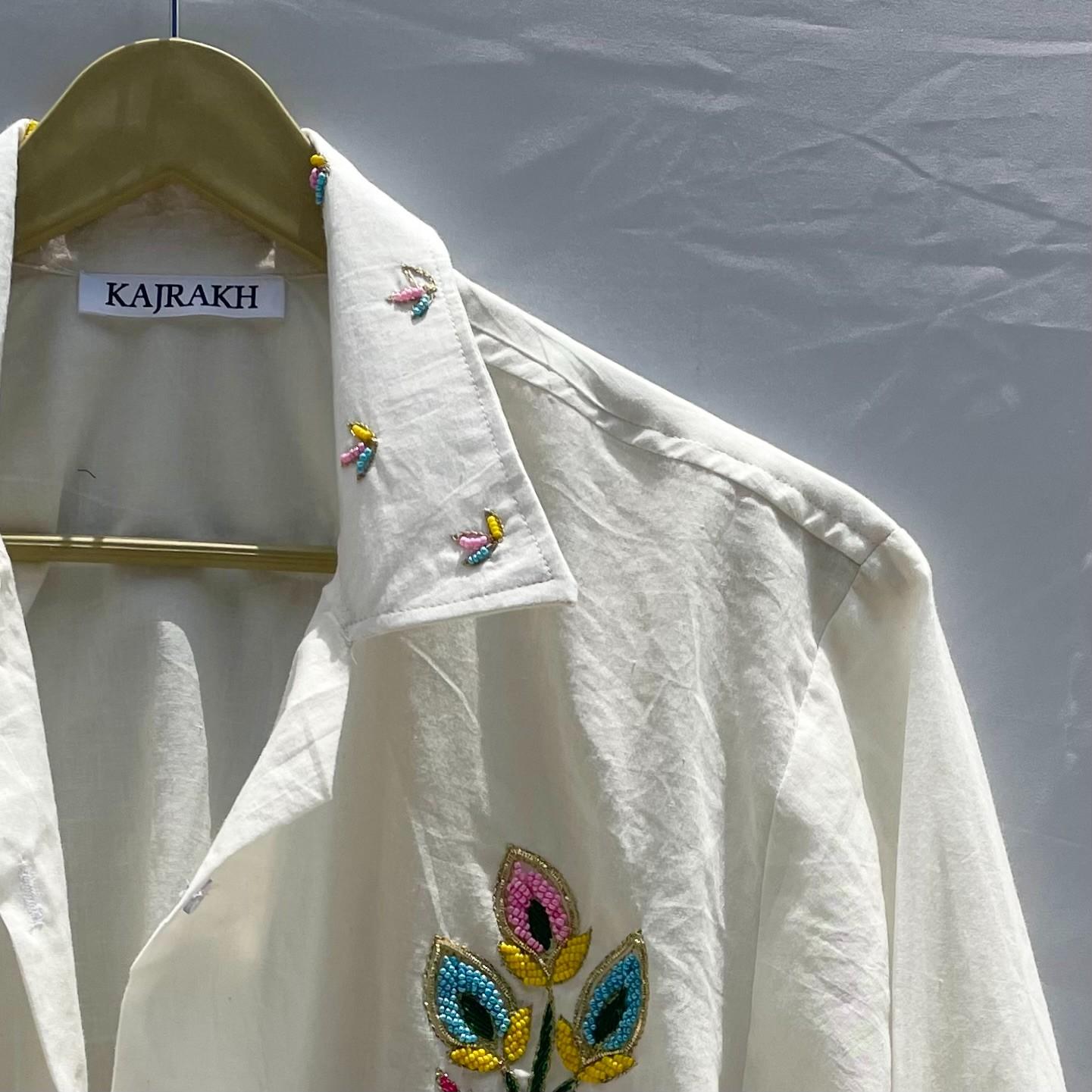 White Hand Embroidery Cotton Shirt - KJ0162