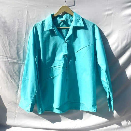 Baby Blue Solid Cotton Women Shirt - KJ0160