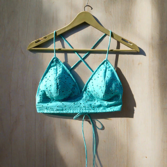 Baby Blue Chikan Cotton Bra - KJ0164