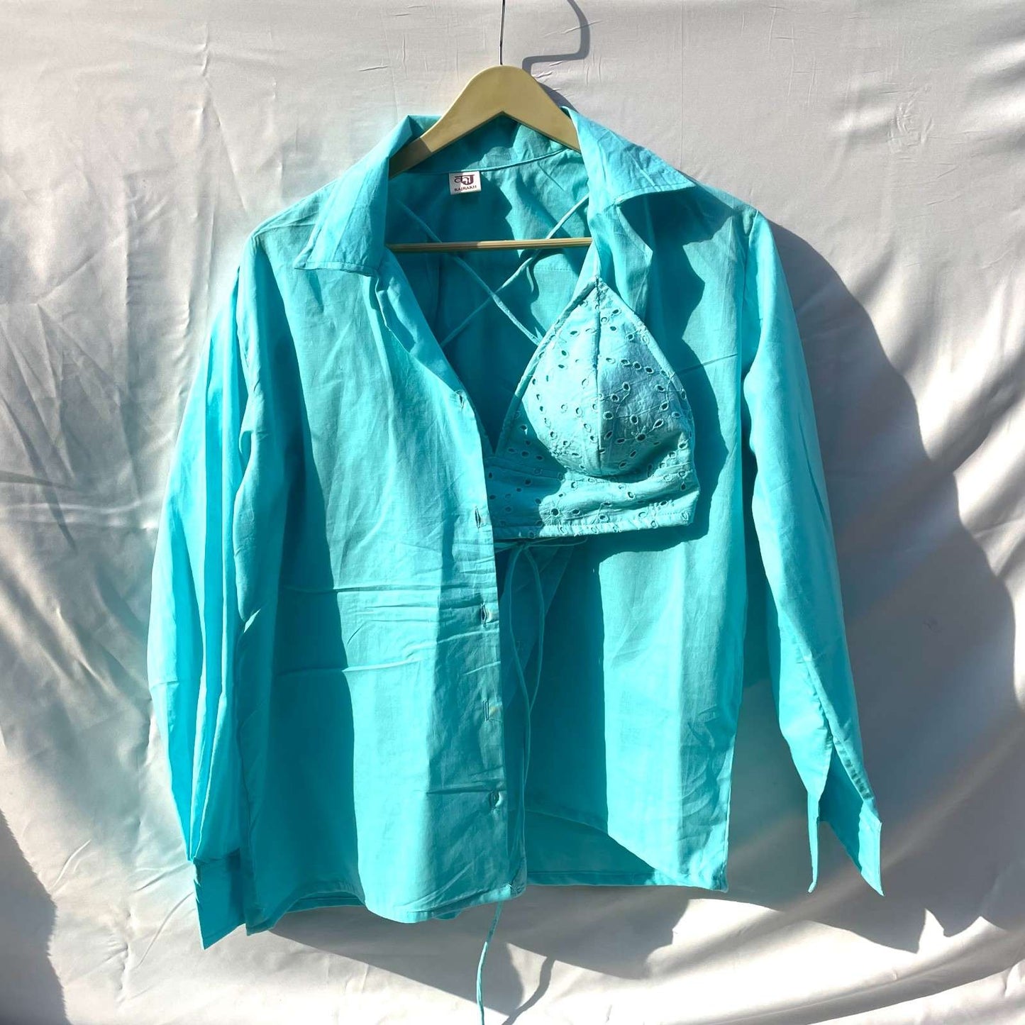 Baby Blue Shirt and Chikan Bra Combo - KJ0163