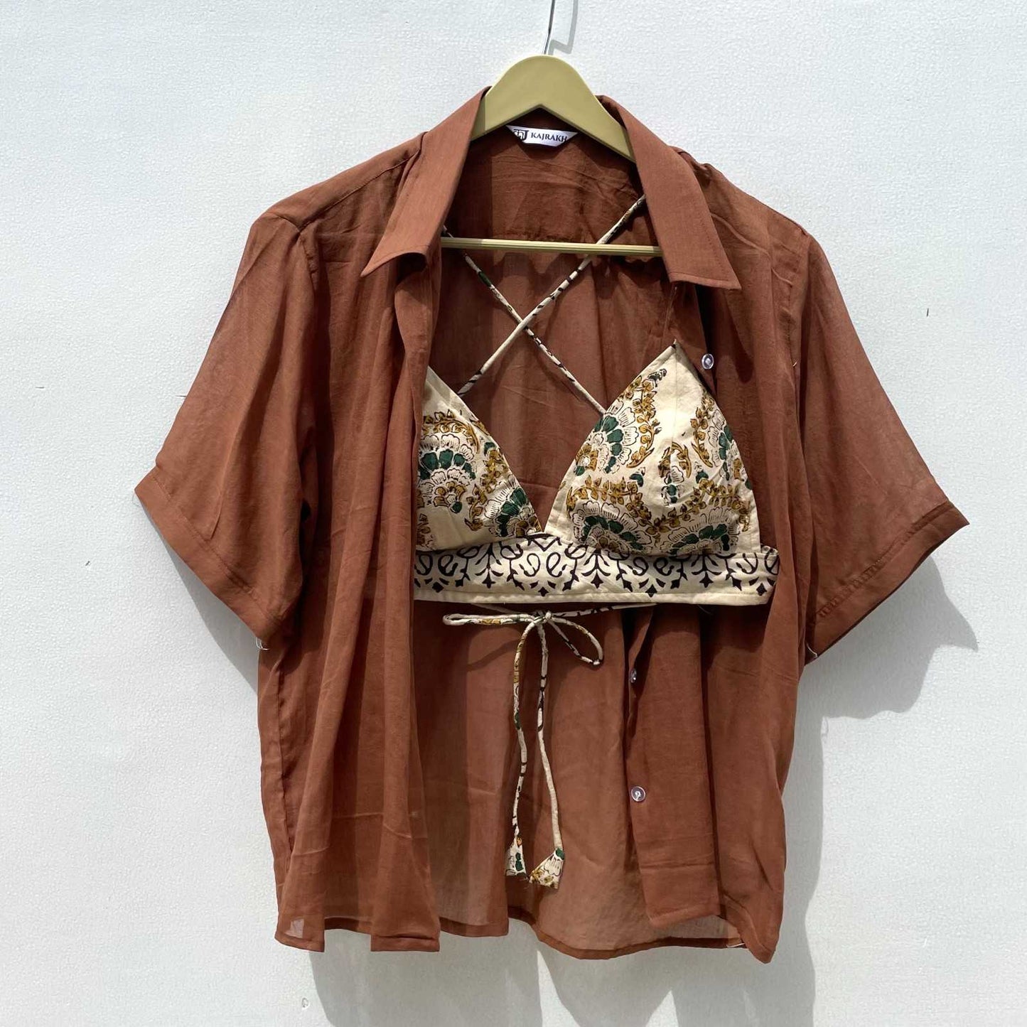 Brown Mul Shirt and Cream Floral HandBlock Bra Combo - KJ0234 (Clearance Sale)