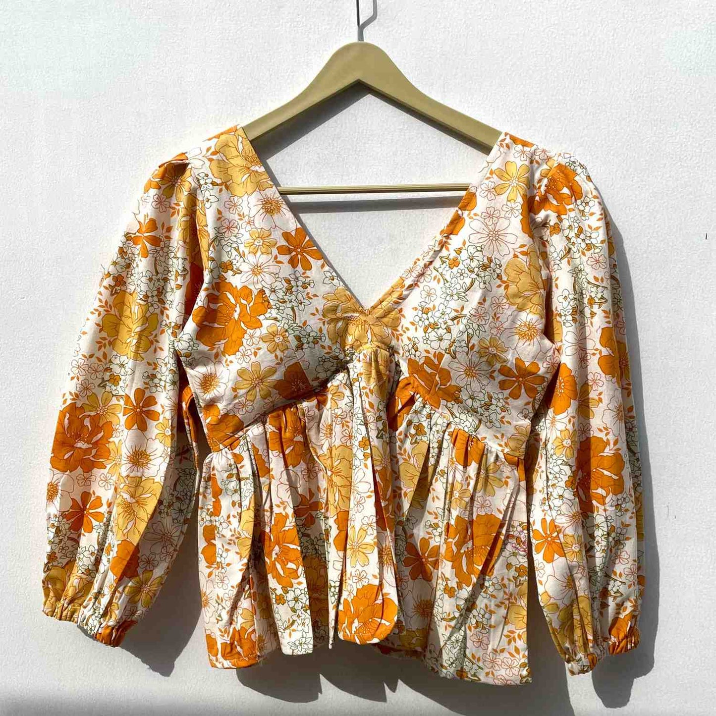 White Yellow Floral Deep Neck Full Puff Sleeves Cotton Top - KJ0251 (( Clearance Sale ))