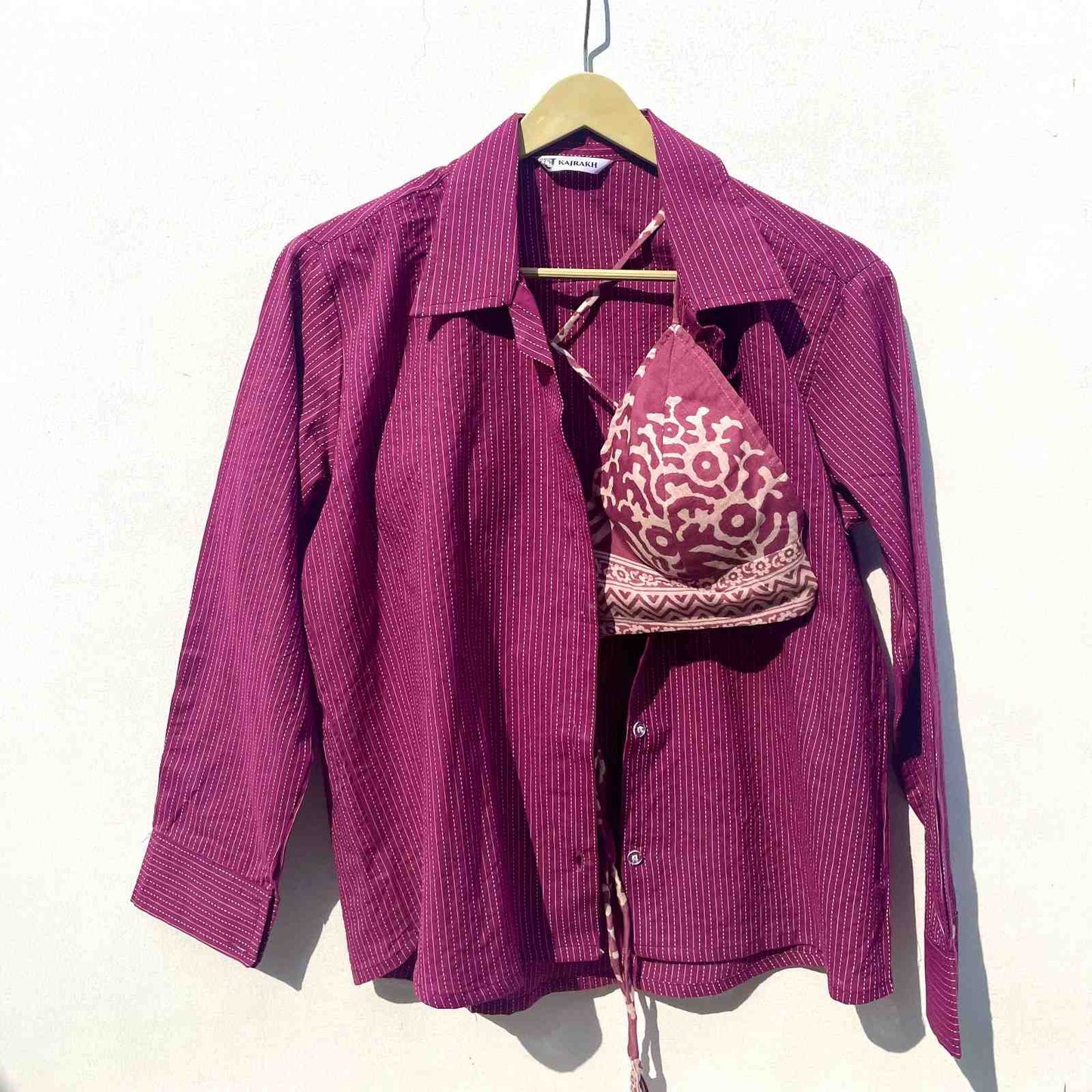 Wine Katha Shirt & Tree Bra Combo - KJ0244