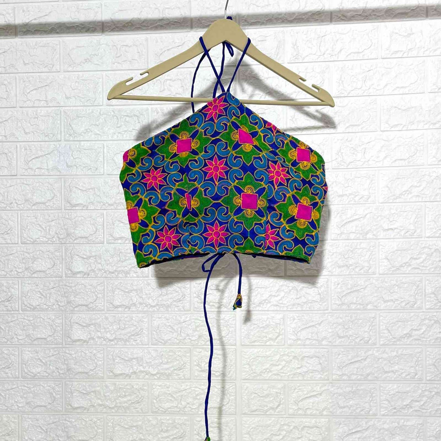Blue Embroidery Halter Neck Criss Cross Top - KJ0191