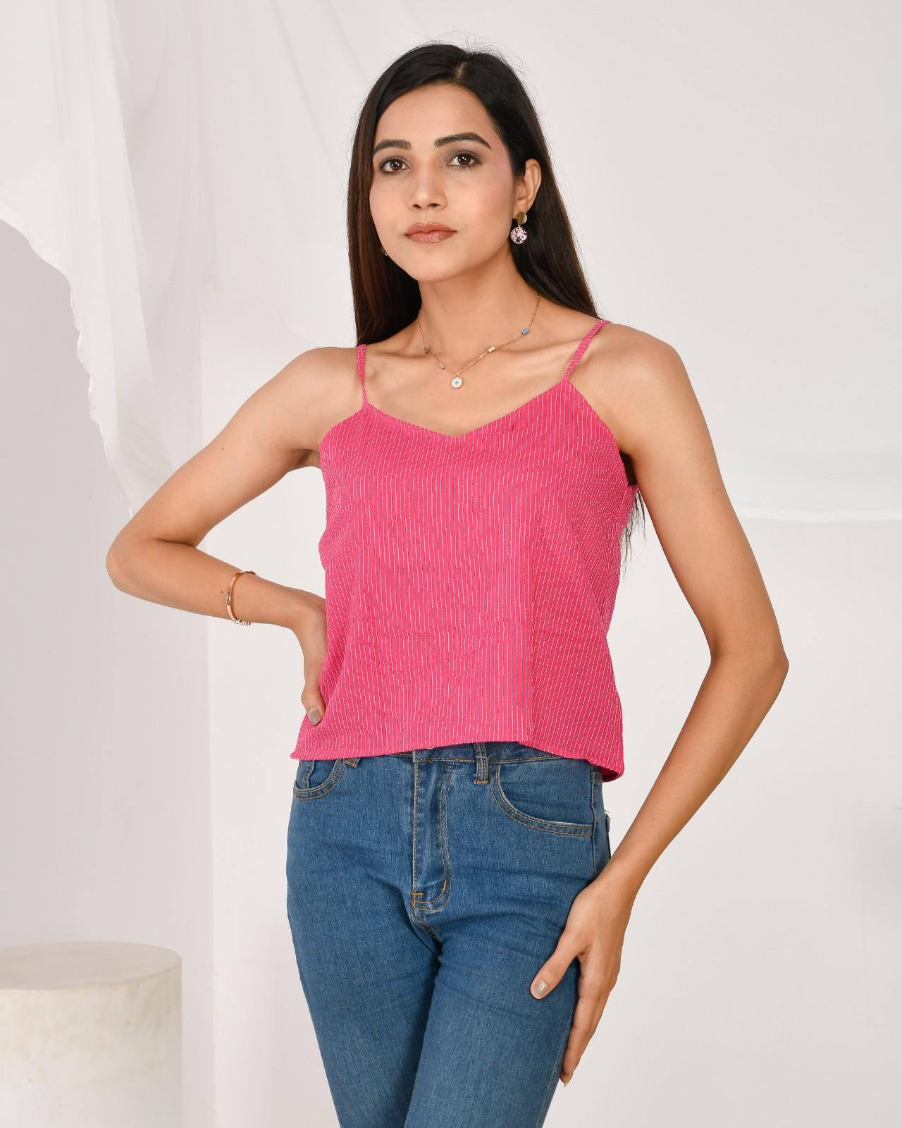 Pink Cotton Kantha Spaghetti Top - KJ0169