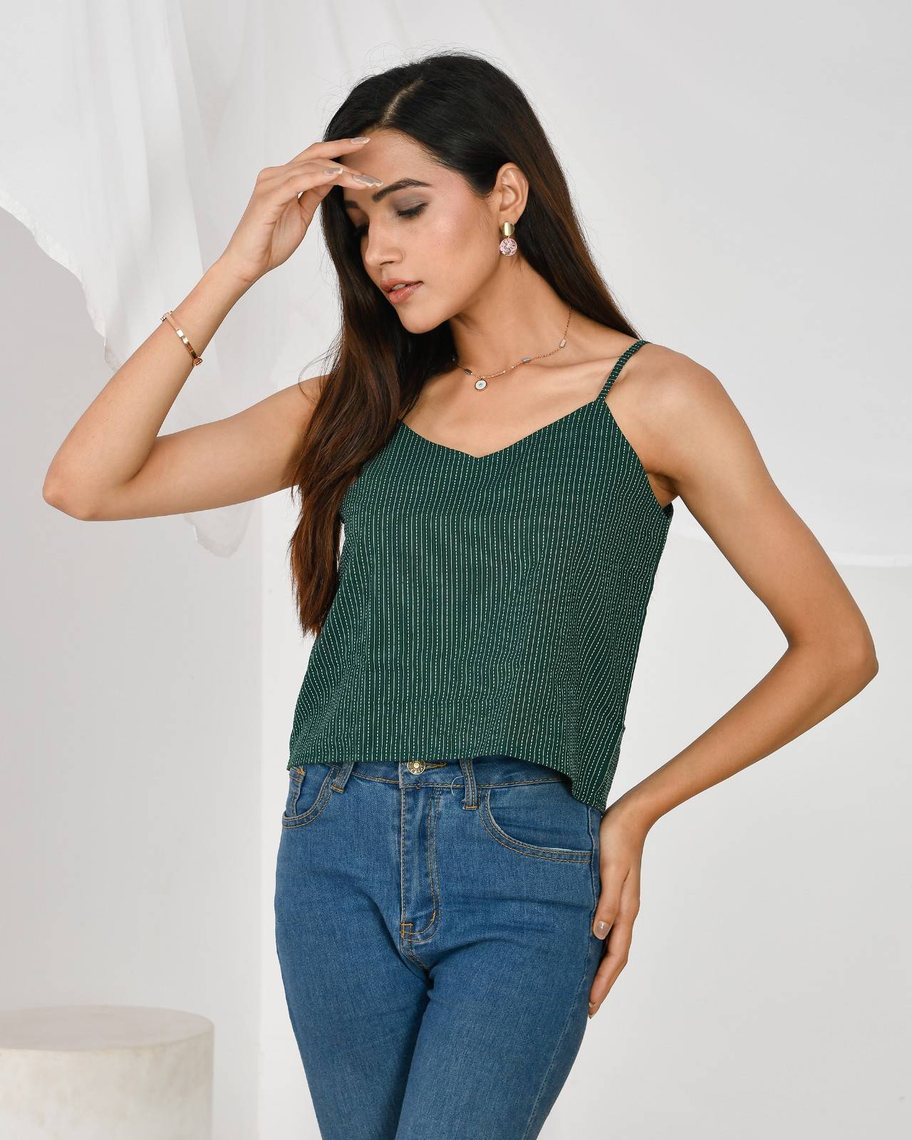 Bottle Green Cotton Kantha Spaghetti Top - KJ0166