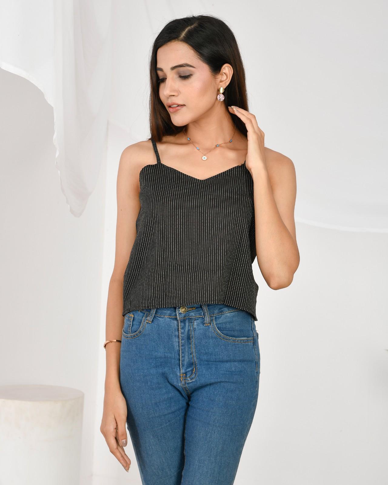 Black Cotton Kantha Spaghetti Top - KJ0165